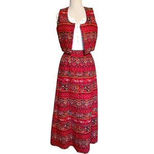 Vintage 60s Abercrombie Folk Bohemian Floral Paisley Maxi Skirt Vest Set